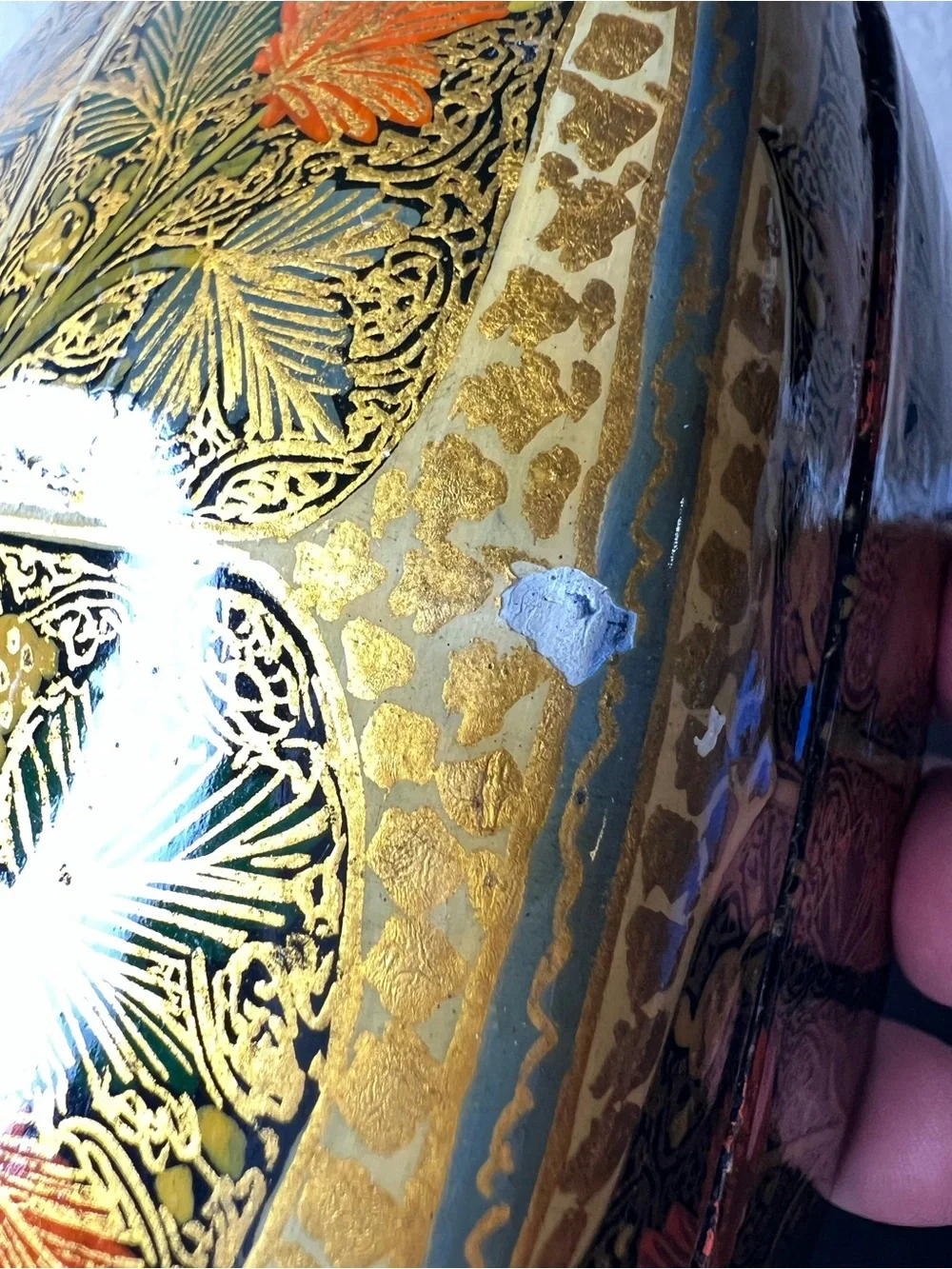 Vintage 1970s Kashmiri Papier Mâché Jewelry Box Domed Lid Gold Floral Trinket